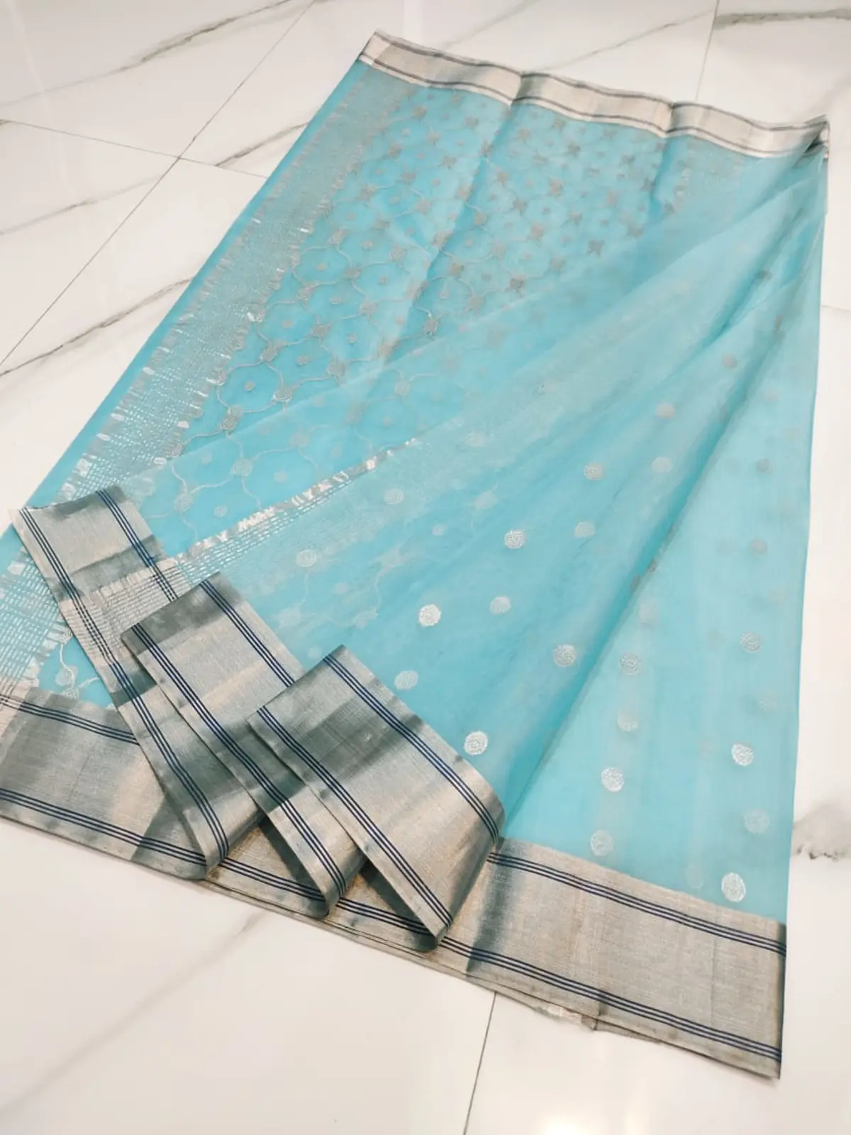 Handwoven Sky Blue & Silver Sky Blue with Silver Booti Kataan Silk - Authentic Chanderi Silk Saree Chanderi Saree - View 2