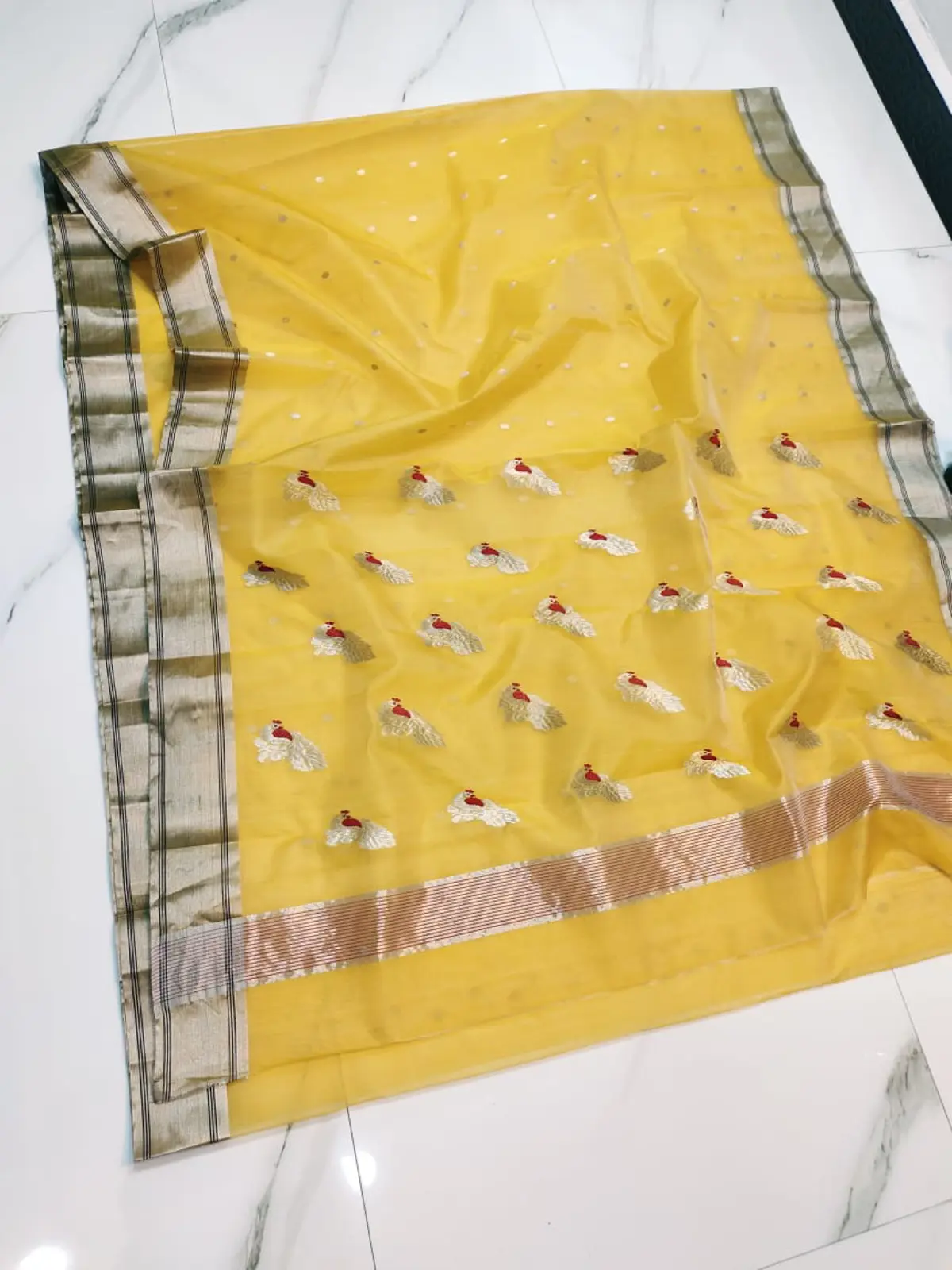 Handwoven Sunlit Marigold with Antique Gold & Silver Sunlit Marigold with Antique Gold & Silver Kataan Silk Saree - Authentic Chanderi Silk Saree Chanderi Saree - View 1