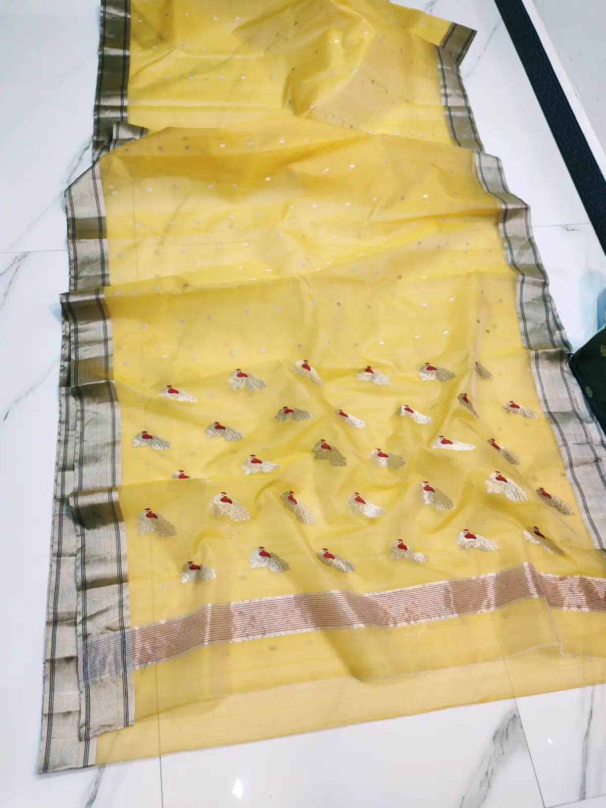 Handwoven Sunlit Marigold with Antique Gold & Silver Sunlit Marigold with Antique Gold & Silver Kataan Silk Saree - Authentic Chanderi Silk Saree Chanderi Saree - View 2