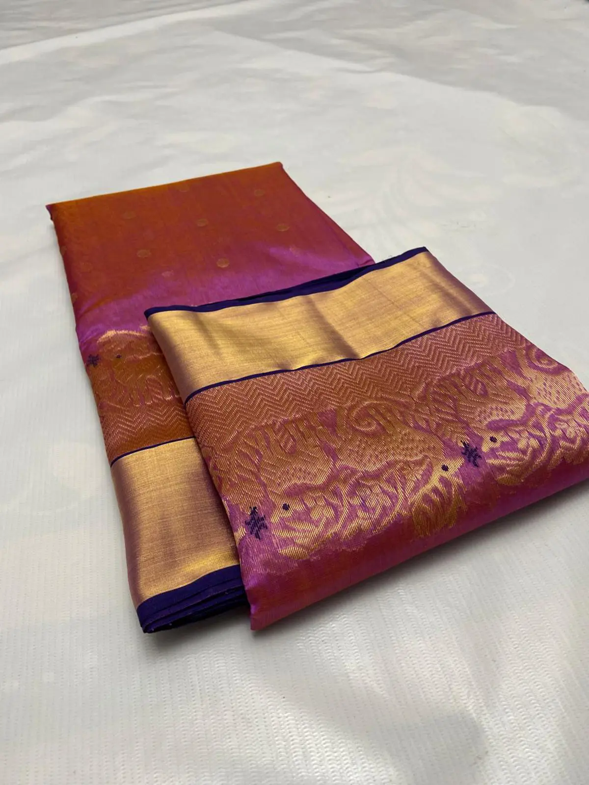Sunset Ember and Fuchsia with Intricate Temple Zari Border Pattu Silk