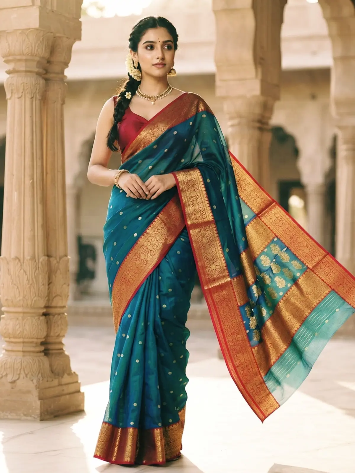 Teal Blue with Antique Gold Zari Kataan Silk
