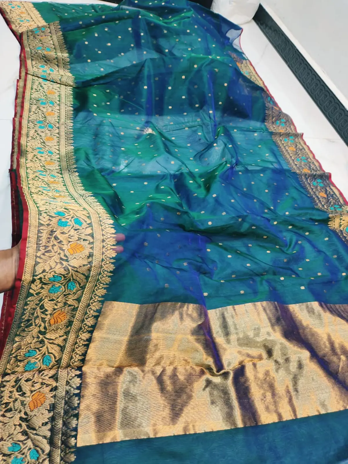 Teal Ombre with Antique Gold Floral Border Chanderi Silk