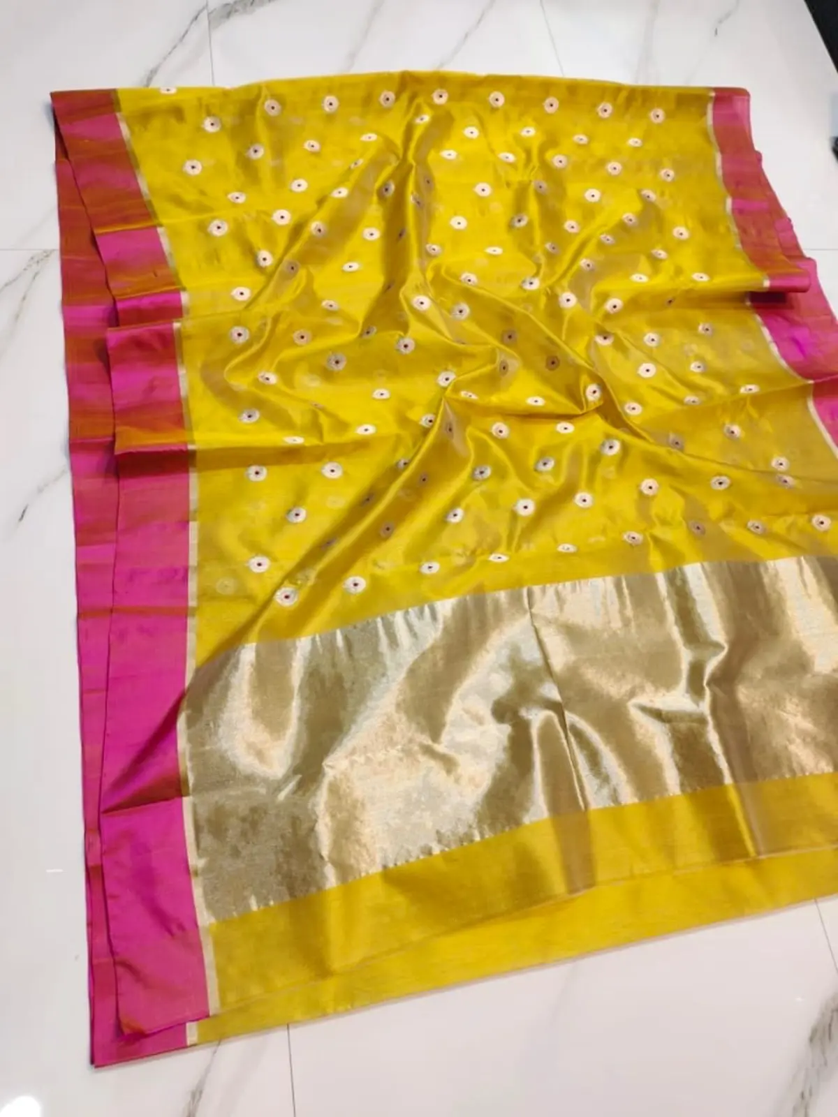 Turmeric Yellow with Rani Pink Border Pattu Silk Saree