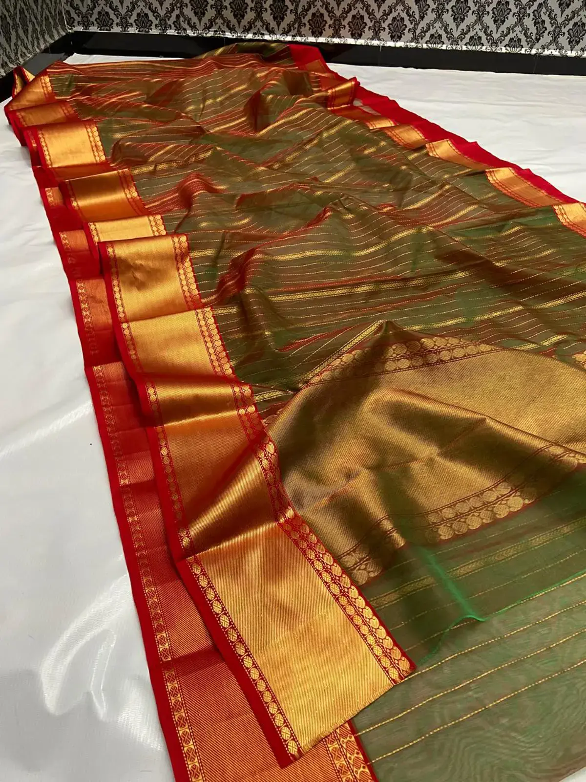 Verdant Forest and Burnished Copper with Gilded Zari Stripes Kataan Silk - Handloom Chanderi Saree