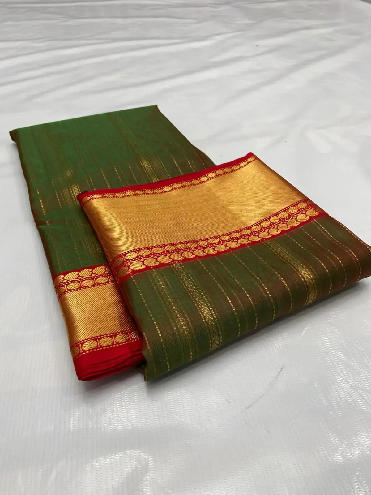 Handwoven Verdant Bronze & Sienna Verdant Forest and Burnished Copper with Gilded Zari Stripes Kataan Silk - Authentic Chanderi Silk Saree Chanderi Saree - View 4