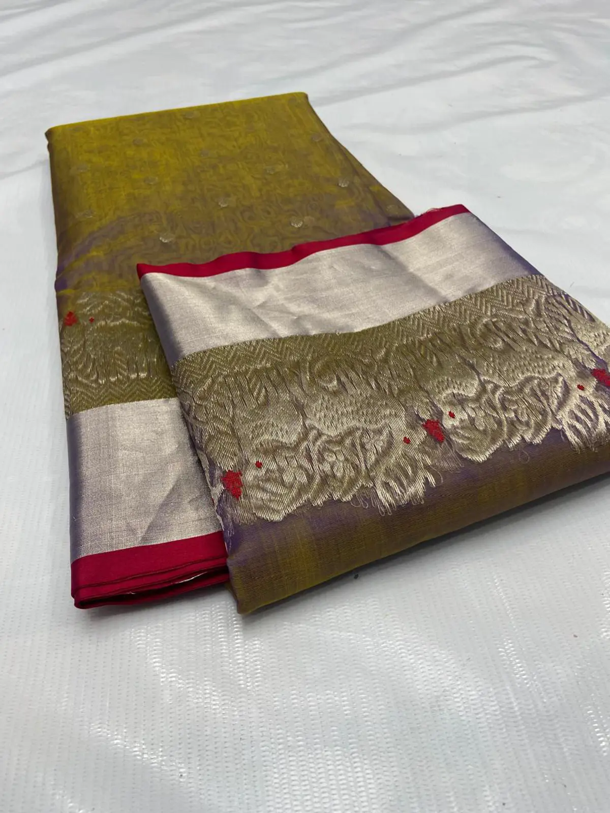 Verdant Olive with Antique Gold Zari Border and Crimson Piping Kataan Silk - Handloom Chanderi Saree