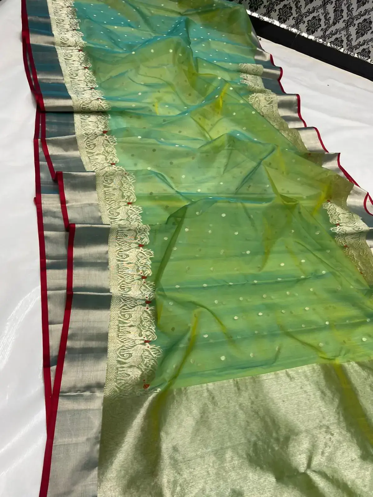 Verdant Ombr with Scattered Gold Zari Buttis Kataan Silk