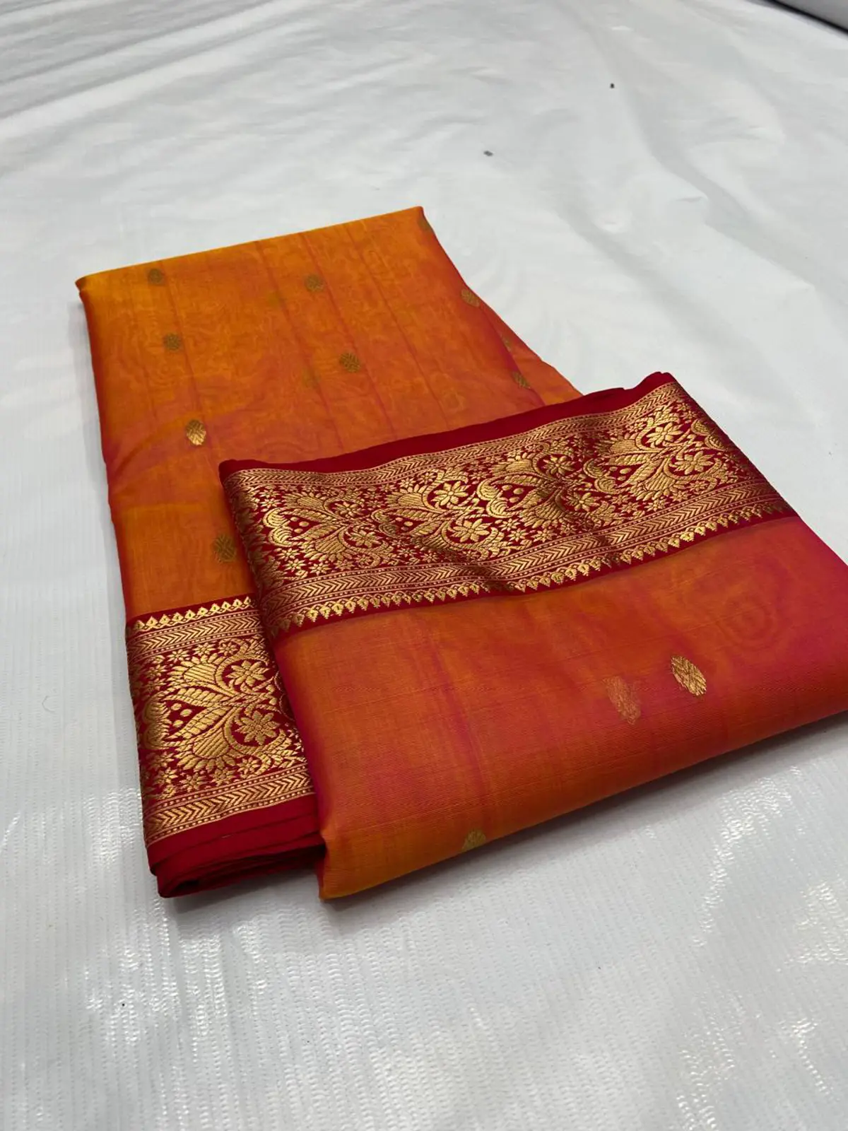 Handwoven Vermillion Blush & Rani Pink with Gold Zari Vermillion Blush and Rani Pink with Delicate Gold Zari Buttis Kataan Silk - Authentic Chanderi Silk Saree Chanderi Saree - View 2