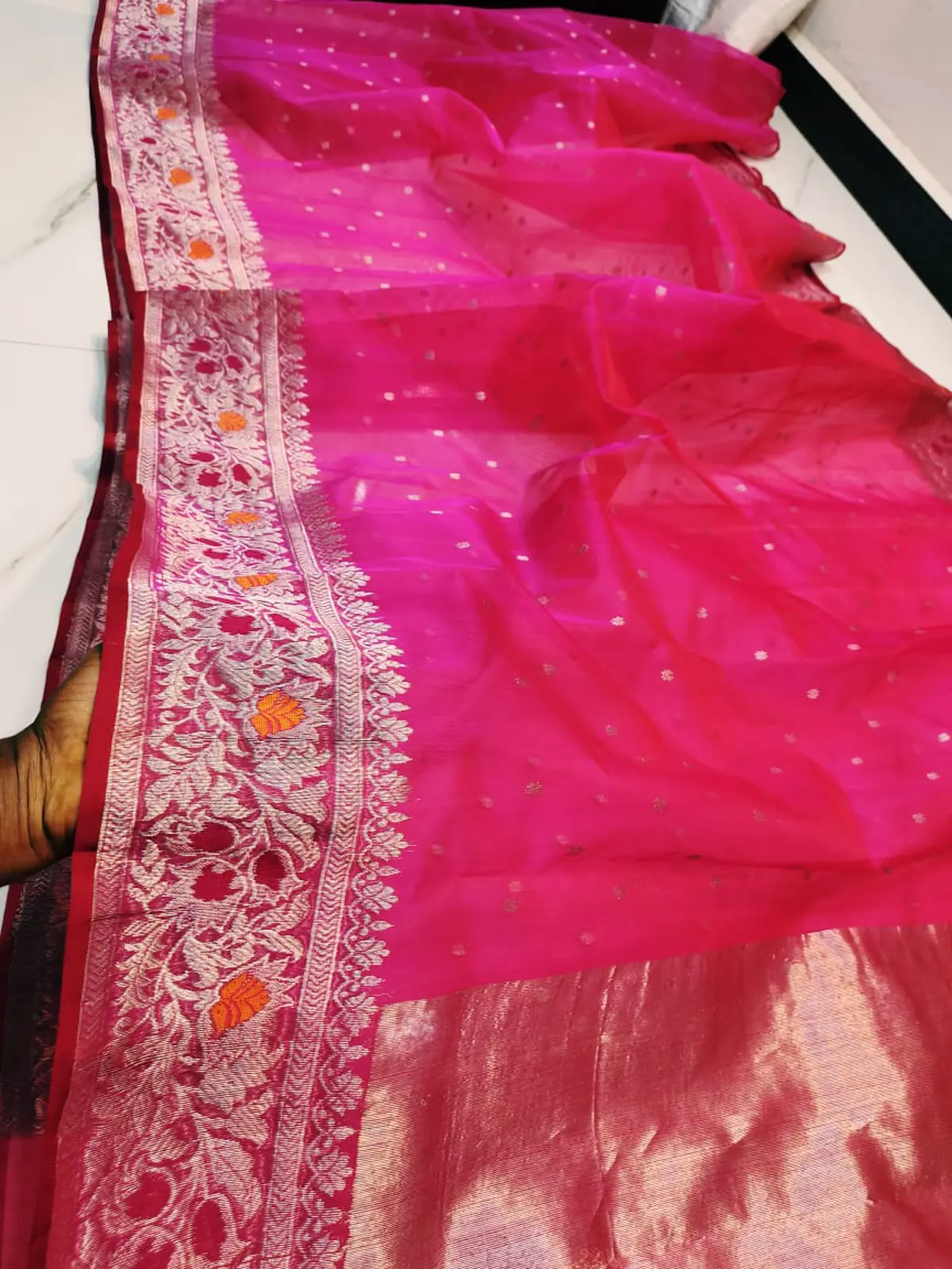 Vibrant Fuchsia with Floral Zari Border Kataan Silk