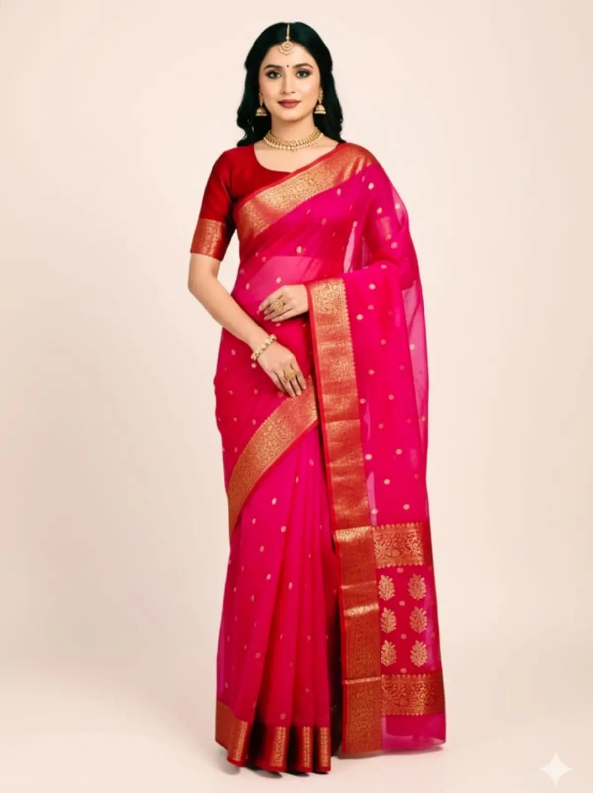 Vibrant Fuchsia with Gilded Zari Motifs Kataan Silk - Handloom Chanderi Saree